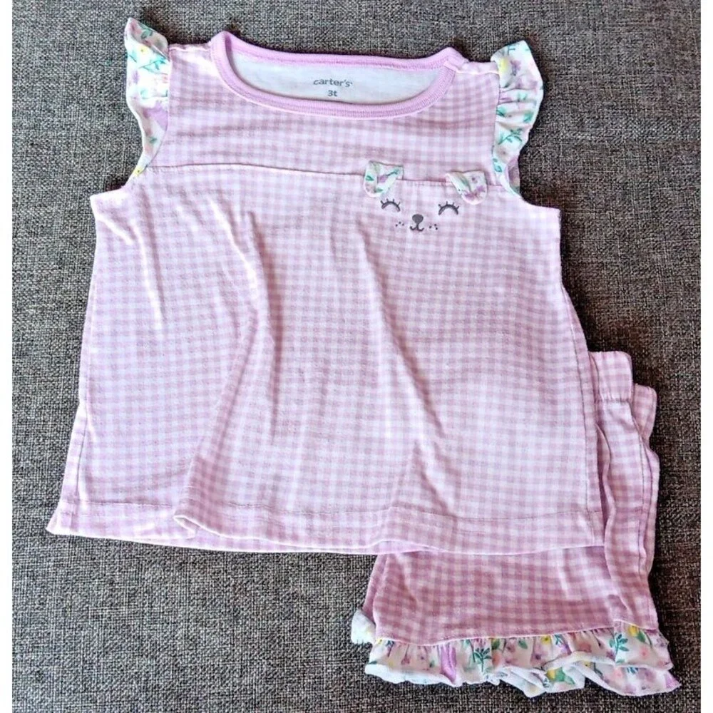 Pajamas 3T Carters Girls 2 piece purple white gingham sleeveless shirt shorts